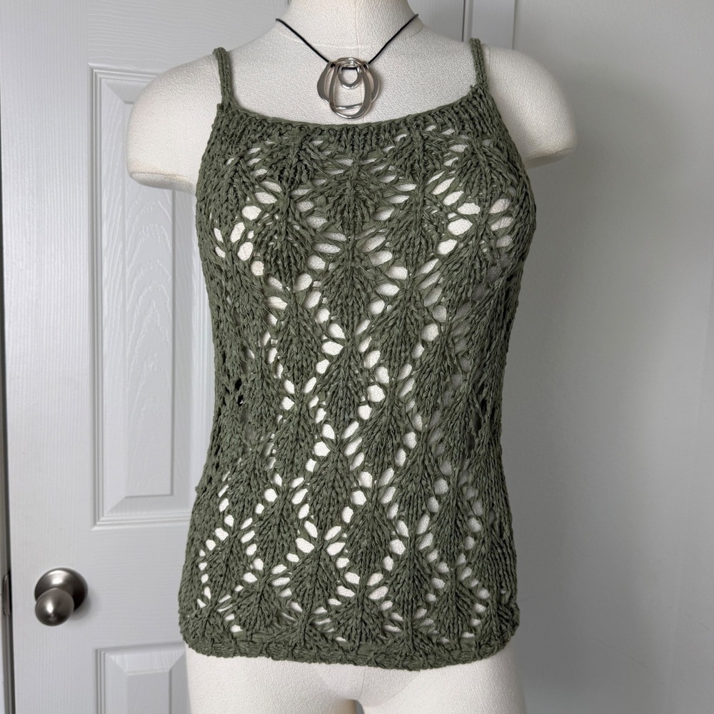Vintage Olive Green Open Knit Crochet Cami Tank Top Boho 2000s goblin Medium
